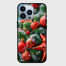 Чехол для iPhone 13 Pro Красные шары и звезда новогодняя, цвет: 3D-черный