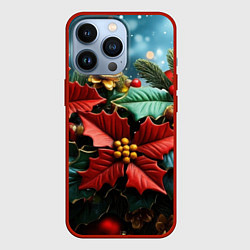 Чехол для iPhone 13 Pro Новогодние цветы и шишки, цвет: 3D-красный