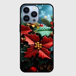 Чехол для iPhone 13 Pro Новогодние цветы и шишки, цвет: 3D-черный