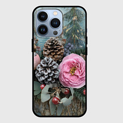 Чехол для iPhone 13 Pro Новогодние цветы и шишки, цвет: 3D-черный