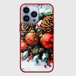 Чехол для iPhone 13 Pro Новогодние игрушки и рябина, цвет: 3D-красный