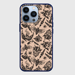 Чехол для iPhone 13 Pro Татуировка с цикадой и демоном Они - паттерн, цвет: 3D-тёмно-синий