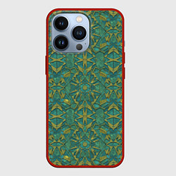 Чехол для iPhone 13 Pro Зеленый орнамент с желтым, цвет: 3D-красный