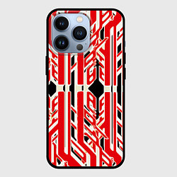 Чехол для iPhone 13 Pro Бело-красные техно полосы на чёрном фоне, цвет: 3D-черный