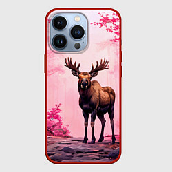 Чехол для iPhone 13 Pro Лось в розовом лесу, цвет: 3D-красный