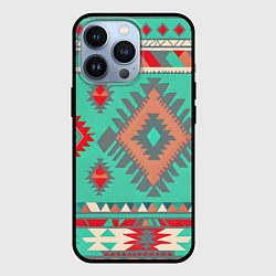Чехол для iPhone 13 Pro Оранжево бирюзовый геометрический узор в стиле ацт, цвет: 3D-черный