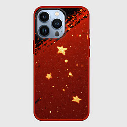 Чехол для iPhone 13 Pro Золотые звездочки на коричневой текстуре, цвет: 3D-красный