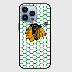 Чехол для iPhone 13 Pro Чикаго Блэкхокс - белые соты с зеленой обводкой, цвет: 3D-черный