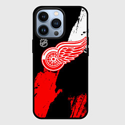 Чехол для iPhone 13 Pro Детройт Ред Уингз - брызги краска на черном фоне, цвет: 3D-черный