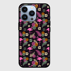 Чехол iPhone 13 Pro Фламинго и листья на темно-синем