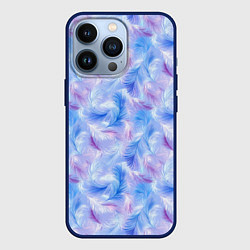 Чехол для iPhone 13 Pro Узор из голубых и сиреневых перьев, цвет: 3D-тёмно-синий