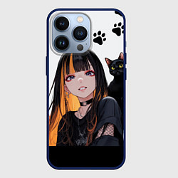 Чехол для iPhone 13 Pro Девушка и кот, цвет: 3D-тёмно-синий