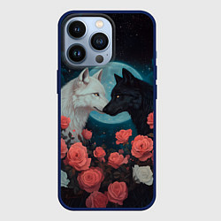 Чехол для iPhone 13 Pro Влюбленные волки, цвет: 3D-тёмно-синий