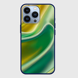 Чехол для iPhone 13 Pro Шелк зеленый с желтым, цвет: 3D-тёмно-синий