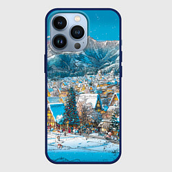 Чехол для iPhone 13 Pro Новогодняя деревушка в горах, цвет: 3D-тёмно-синий