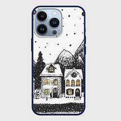 Чехол для iPhone 13 Pro Черно-белый новогодний город, цвет: 3D-тёмно-синий