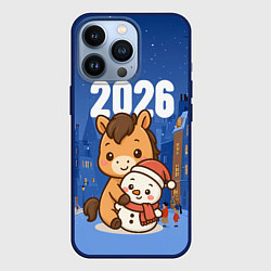 Чехол для iPhone 13 Pro Лошадка обнимает маленького снеговика, цвет: 3D-тёмно-синий