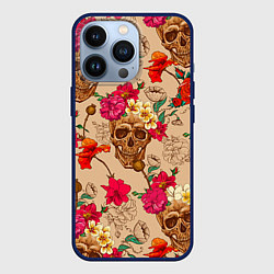 Чехол для iPhone 13 Pro Черепа в цветах, цвет: 3D-тёмно-синий