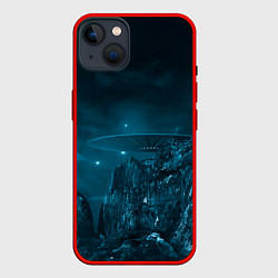 Чехол для iPhone 14 Plus Синий космос, горы и нло, цвет: 3D-красный