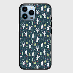 Чехол для iPhone 14 Pro Max Новогодний паттерн, год кролика, цвет: 3D-черный