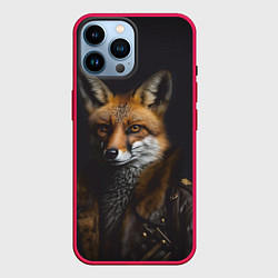Чехол для iPhone 14 Pro Max Лис в кожаном пиджаке, цвет: 3D-малиновый