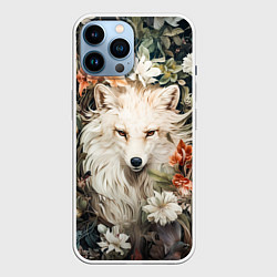 Чехол для iPhone 14 Pro Max Белая лисица в кустах цветов, цвет: 3D-белый