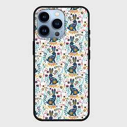 Чехол для iPhone 14 Pro Новогодний паттерн - Кролики и веточки, цвет: 3D-черный