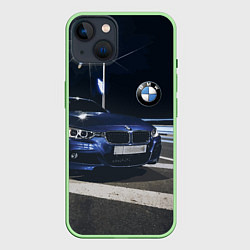 Чехол для iPhone 14 BMW на ночной трассе, цвет: 3D-салатовый