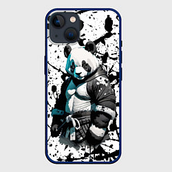 Чехол для iPhone 14 Panda samurai on the background of blots, цвет: 3D-тёмно-синий