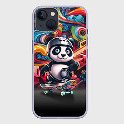 Чехол для iPhone 14 Панда - крутой скейтбордист на фоне граффити, цвет: 3D-светло-сиреневый