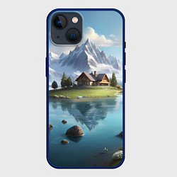 Чехол для iPhone 14 Чудесный день на берегу озера в горах, цвет: 3D-тёмно-синий