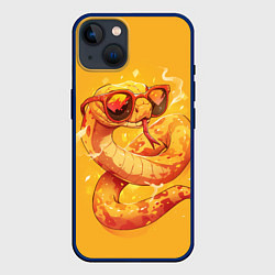 Чехол для iPhone 14 Крутая желтая змея в очках, цвет: 3D-тёмно-синий