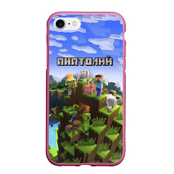 Чехол iPhone 7/8 матовый Майнкрафт: Анатолий, цвет: 3D-малиновый