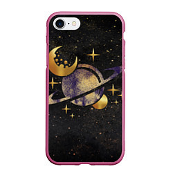 Чехол iPhone 7/8 матовый Сатурн, луна, спутник и звезды, цвет: 3D-малиновый