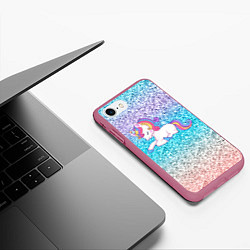 Чехол iPhone 7/8 матовый Единорог голубые блестки, цвет: 3D-малиновый — фото 2