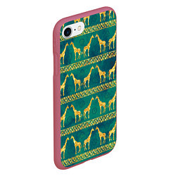 Чехол iPhone 7/8 матовый Золотые жирафы паттерн, цвет: 3D-малиновый — фото 2