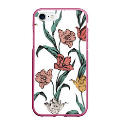 Чехол iPhone 7/8 матовый Цветы Разноцветные Тюльпаны, цвет: 3D-малиновый