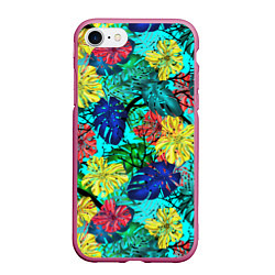 Чехол iPhone 7/8 матовый Тропические растения на бирюзовом фоне, цвет: 3D-малиновый