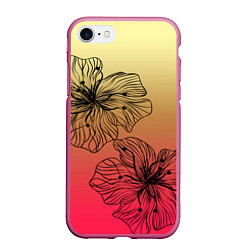 Чехол iPhone 7/8 матовый Черные абстрактные цветы на красно-желтом градиент