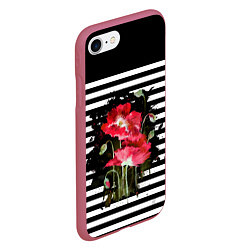 Чехол iPhone 7/8 матовый Акварельные красные маки на черно-белом полосатом, цвет: 3D-малиновый — фото 2