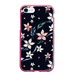 Чехол iPhone 7/8 матовый Цветы Нарисованные Акварелью На Чёрном Фоне, цвет: 3D-малиновый
