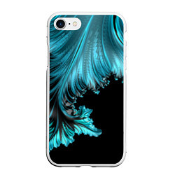 Чехол iPhone 7/8 матовый Черный с голубым неоновый фрактал Ледяная абстракц