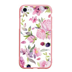 Чехол iPhone 7/8 матовый Летний красочный паттерн из цветков розы и ягод еж, цвет: 3D-баблгам