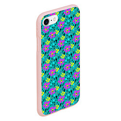 Чехол iPhone 7/8 матовый Яркий цветочный узор на бирюзовом фоне, цвет: 3D-светло-розовый — фото 2