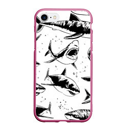 Чехол iPhone 7/8 матовый Кровожадные акулы - стая, цвет: 3D-малиновый