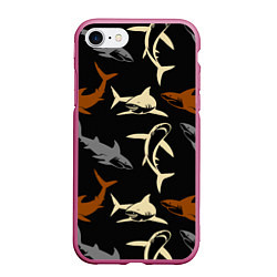 Чехол iPhone 7/8 матовый Стая акул - паттерн - ночной океан, цвет: 3D-малиновый