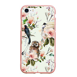 Чехол iPhone 7/8 матовый Цветы Нарисованные Магнолии и Птицы, цвет: 3D-светло-розовый