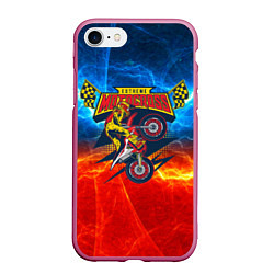 Чехол iPhone 7/8 матовый Extreme motocross: мотоциклист на фоне огня, цвет: 3D-малиновый