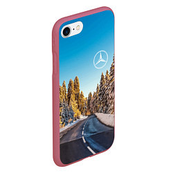 Чехол iPhone 7/8 матовый Мерседес - зимняя дорога через лес, цвет: 3D-малиновый — фото 2