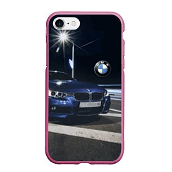 Чехол iPhone 7/8 матовый BMW на ночной трассе, цвет: 3D-малиновый